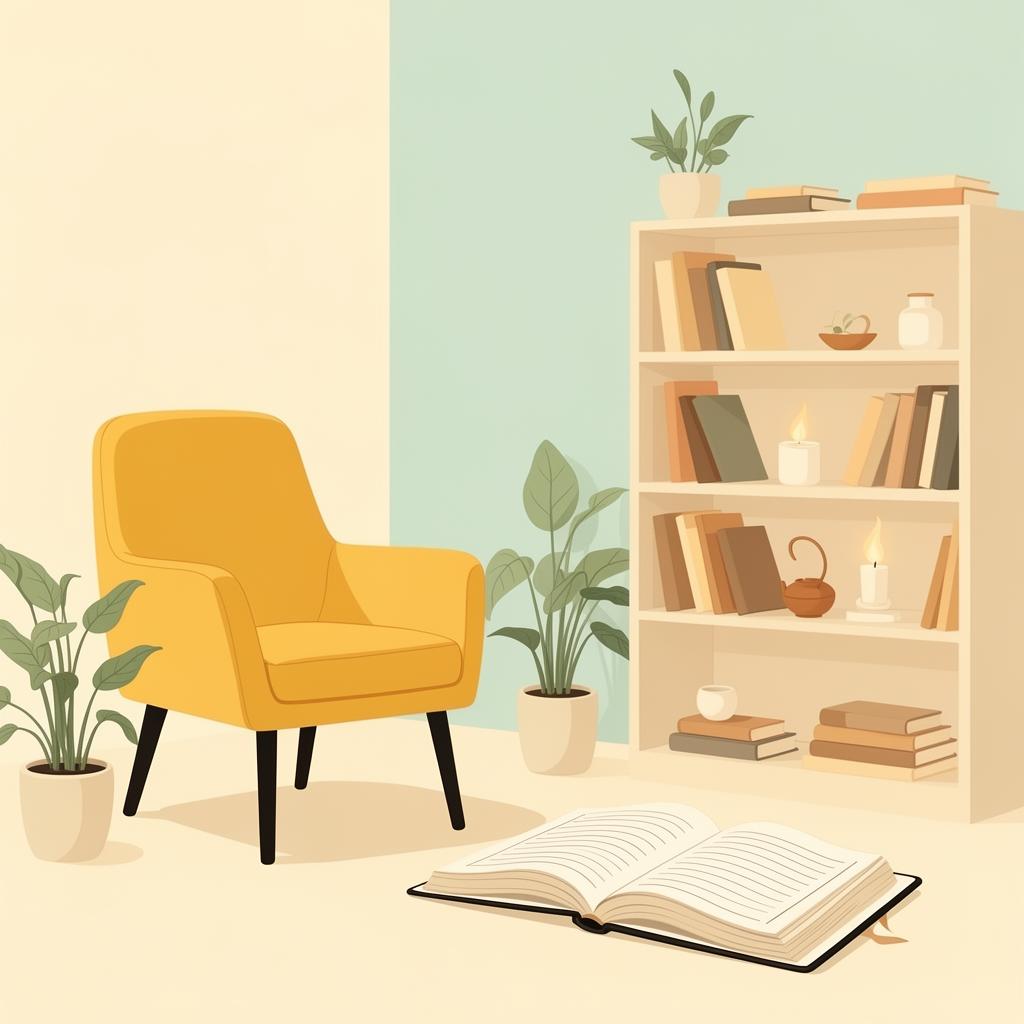 Illustrated yellow reading chair beside a bookshelf and an open journal